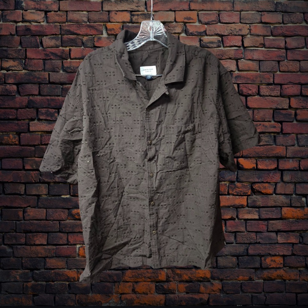 American Eagle Mens Brown Textured‎ Button Down Shirt Large Relaxed Fit